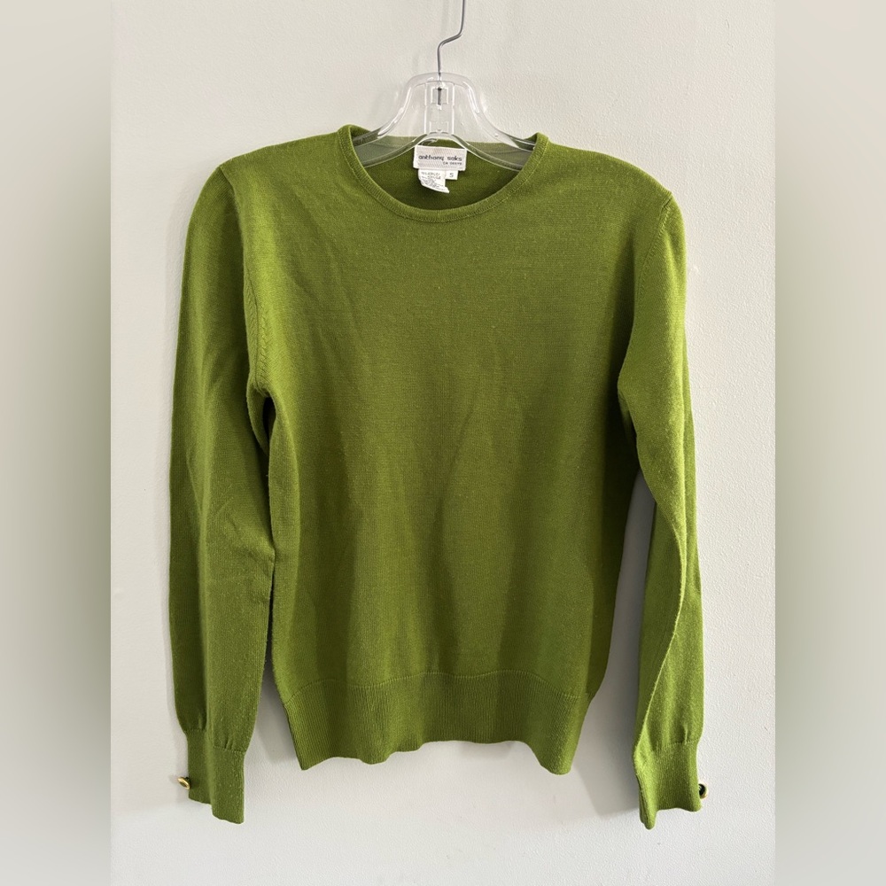 Anthony Saks Green Crewneck Sweater Vintage Gold ButtonsWool Blend Sz. Small
